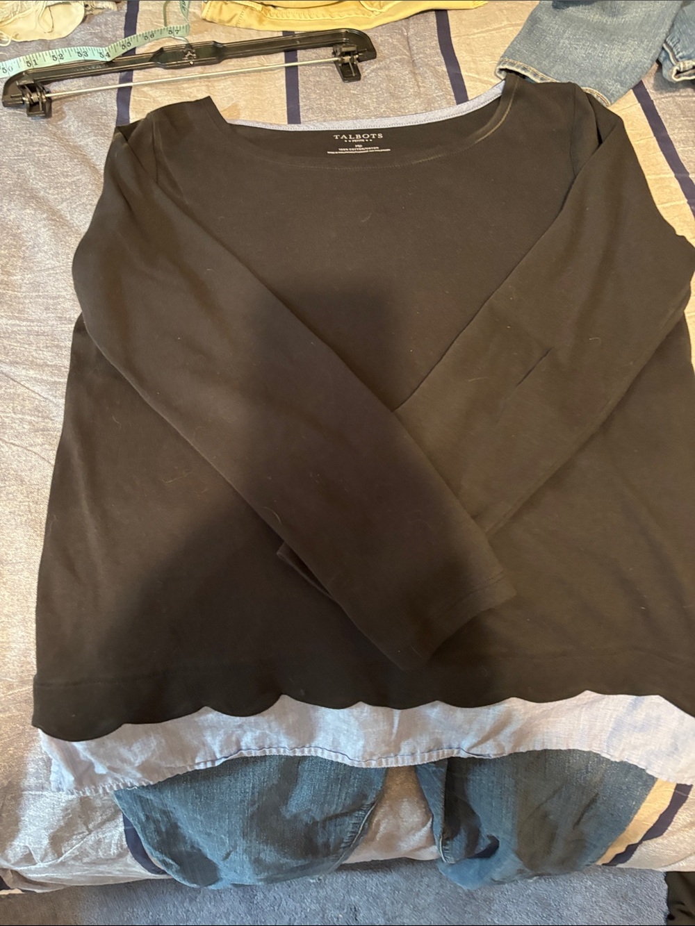 Talbots Black Top with Chambray-Look Layered Hem